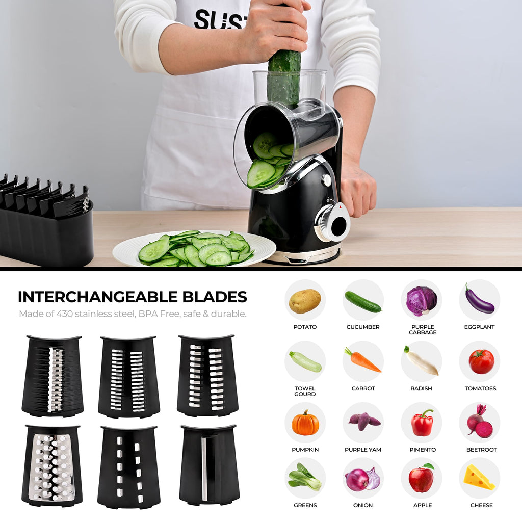 Rotary Cheese Grater 6 Blades Vegetable Slicer with Suction Base A911