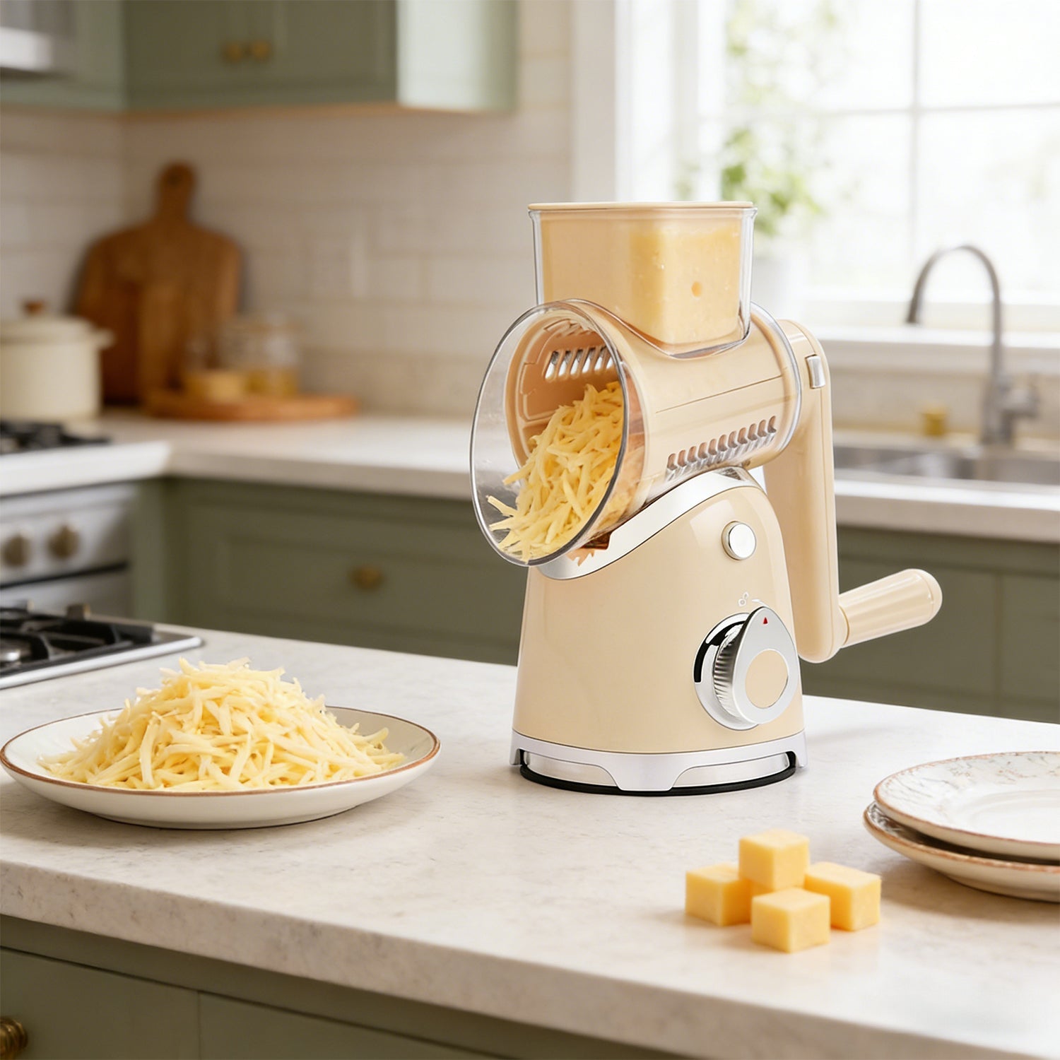 Rotary Cheese Grater 6 Blades Vegetable Slicer with Suction Base A911