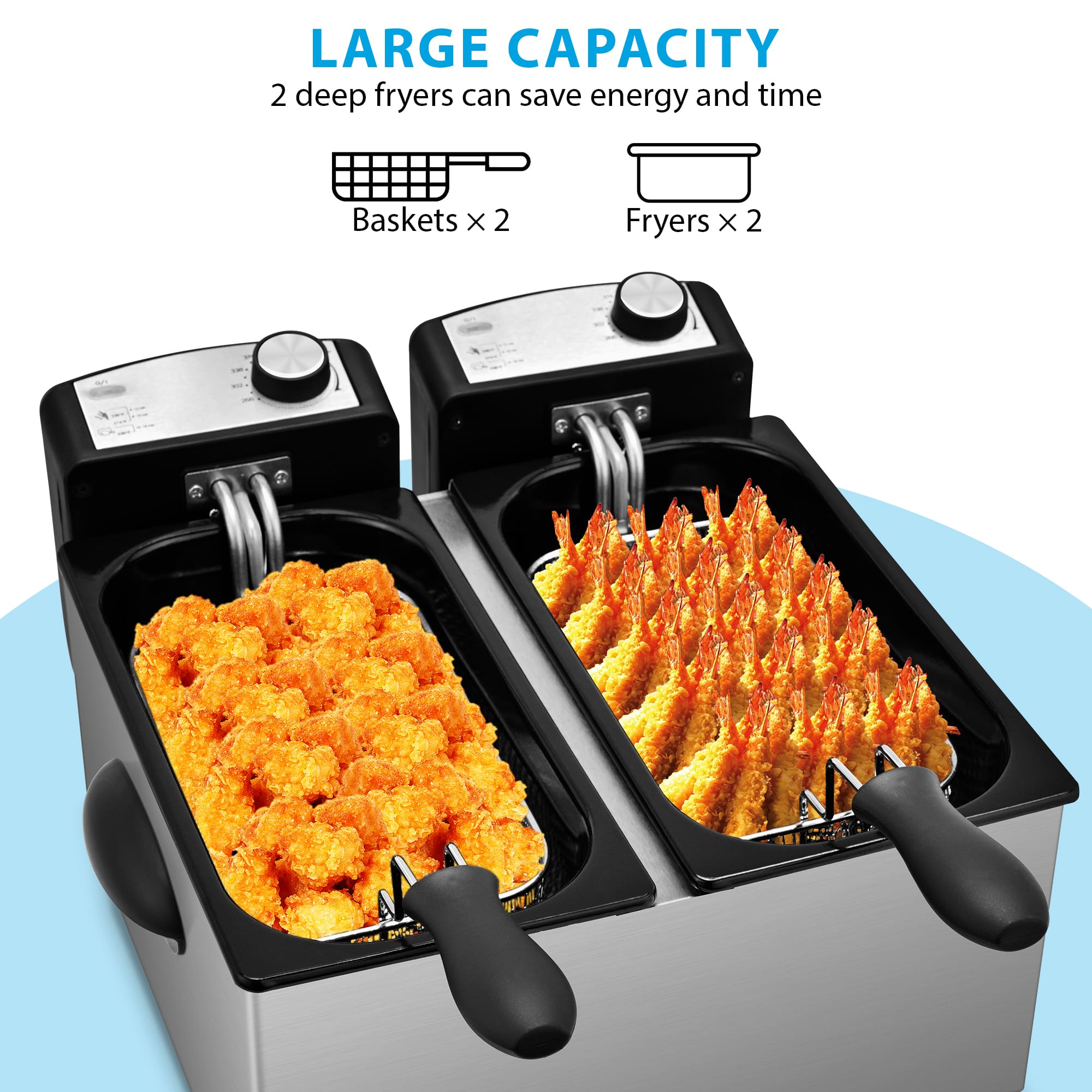 Electric Deep Fryer Adjustable Temp Compact for Small Kitchen 2.5L/1.5L/3L/6L