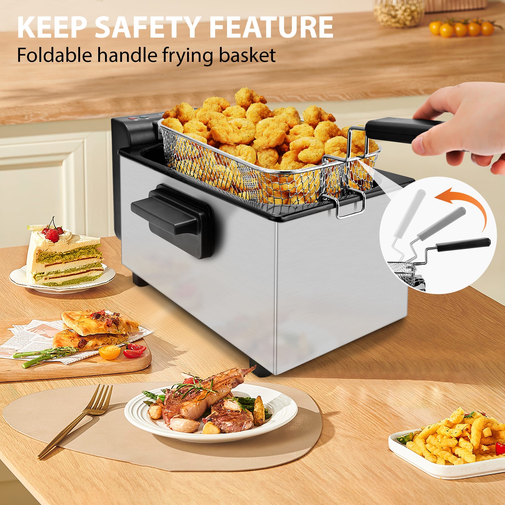 Electric Deep Fryer Adjustable Temp Compact for Small Kitchen 2.5L/1.5L/3L/6L