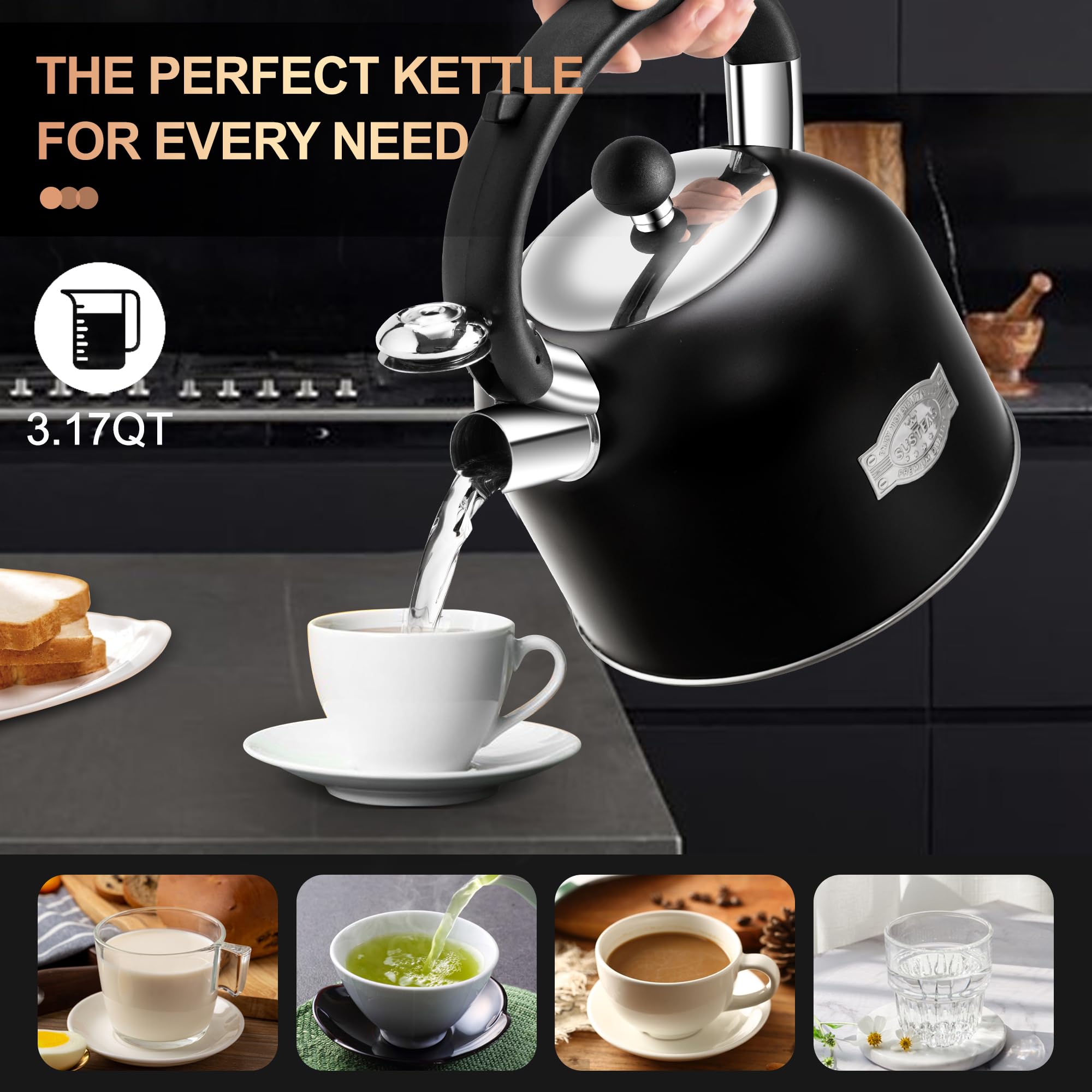 Stovetop Whistling Tea Kettle Stainless Fast Heating Gas Induction Fast Heating 3.17QT