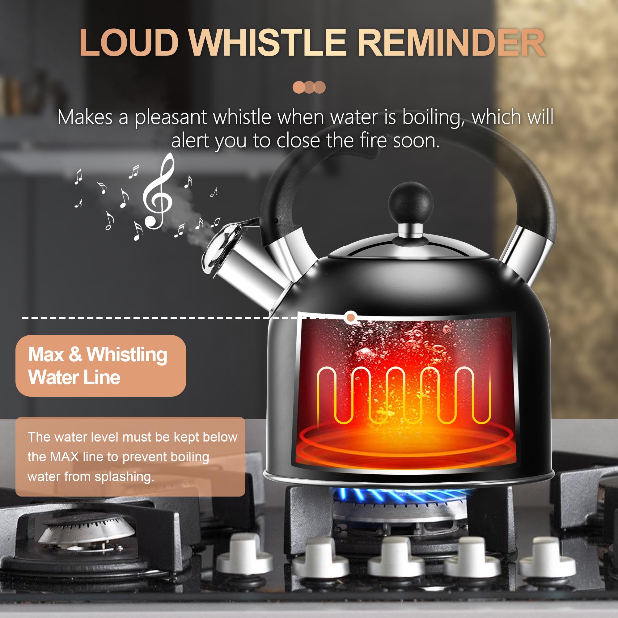 Stovetop Whistling Tea Kettle Stainless Fast Heating Gas Induction Fast Heating 3.17QT