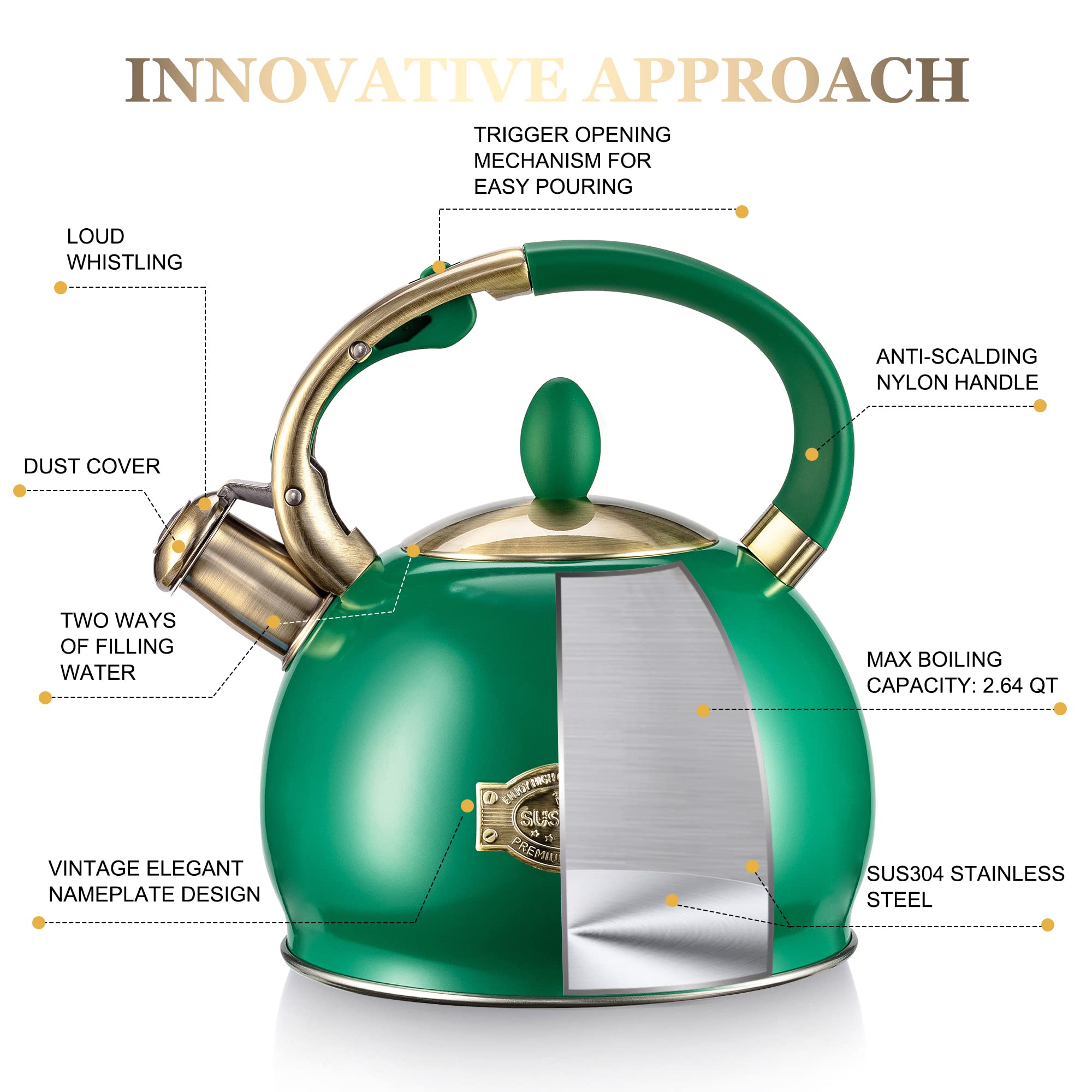 Stovetop Whistling Tea Kettle for Gas & Induction 2.64QT