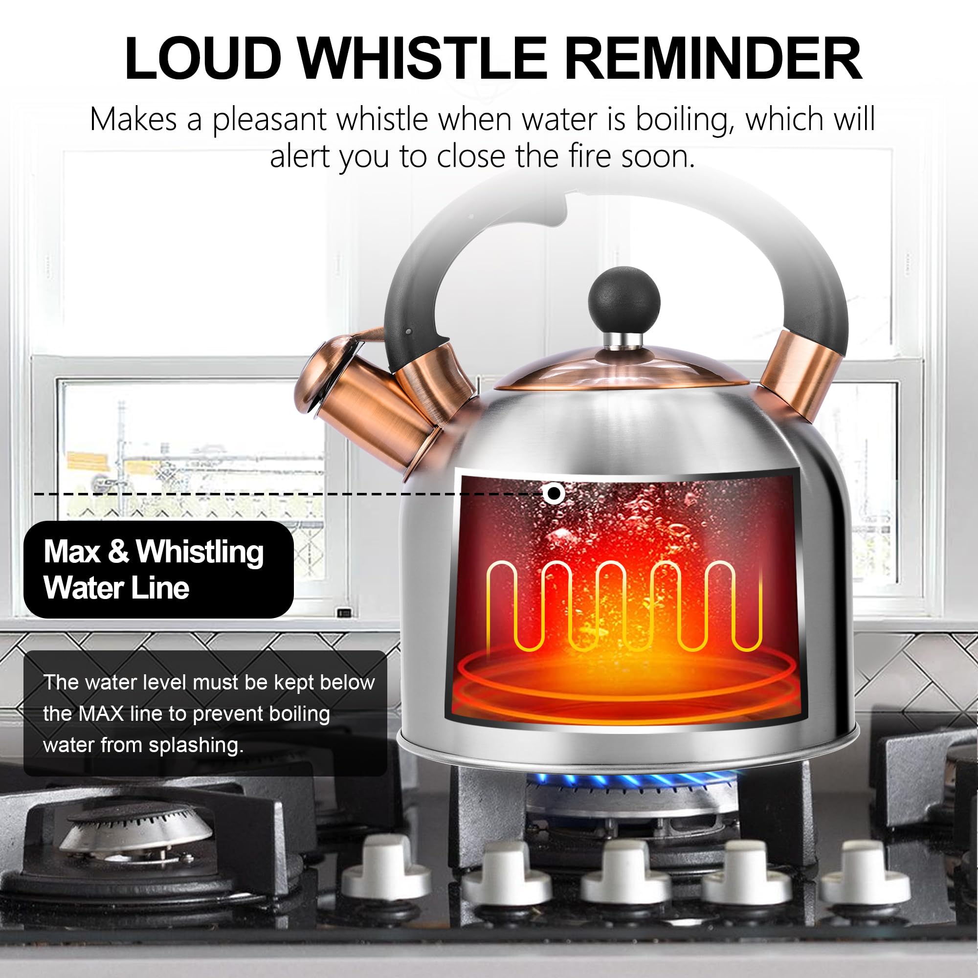 Stovetop Whistling Tea Kettle Stainless Fast Heating Gas Induction Fast Heating 3.17QT