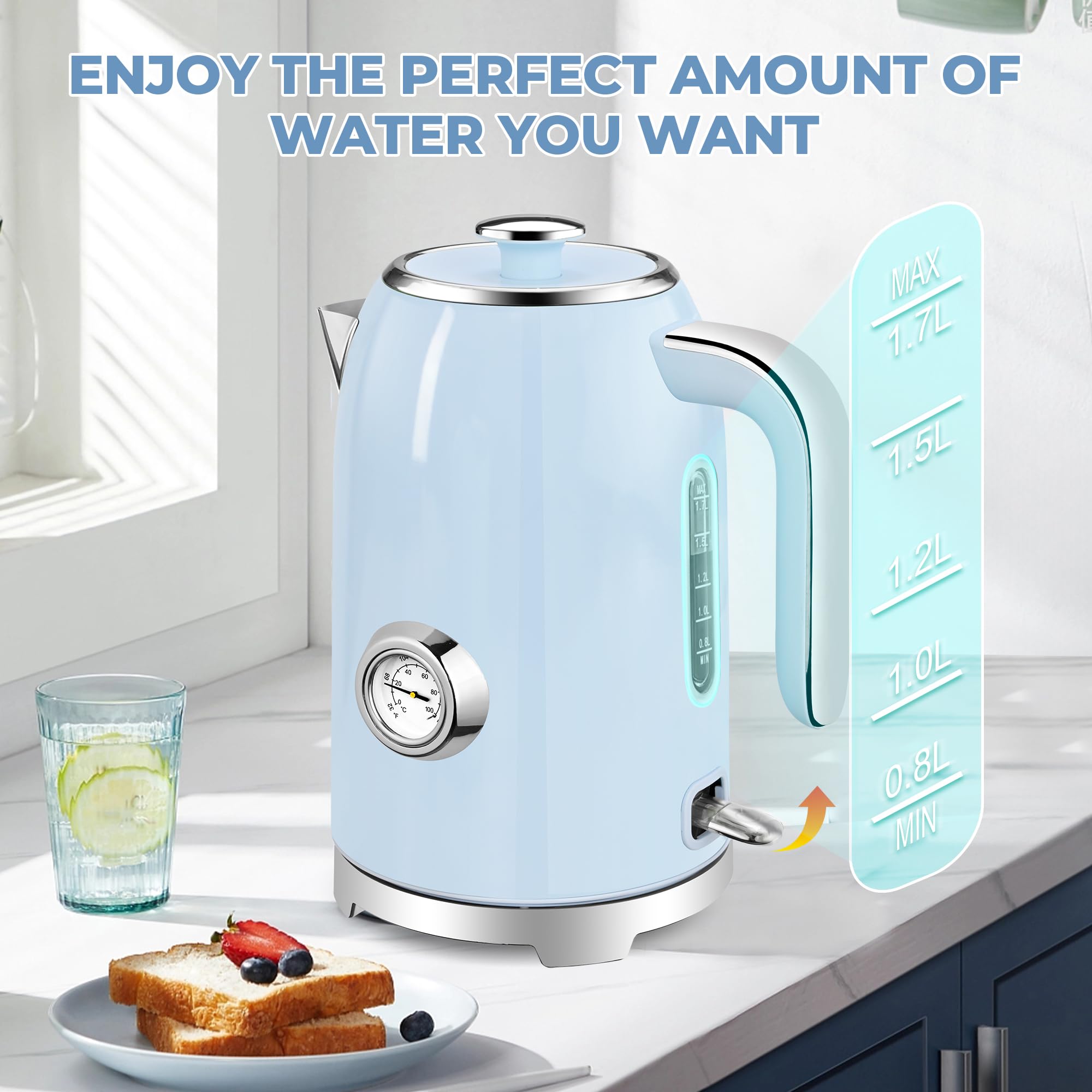 Electric Kettle Fast Boiling 1.7L Stainless Steel Auto Shut Off for Home KE1309BT