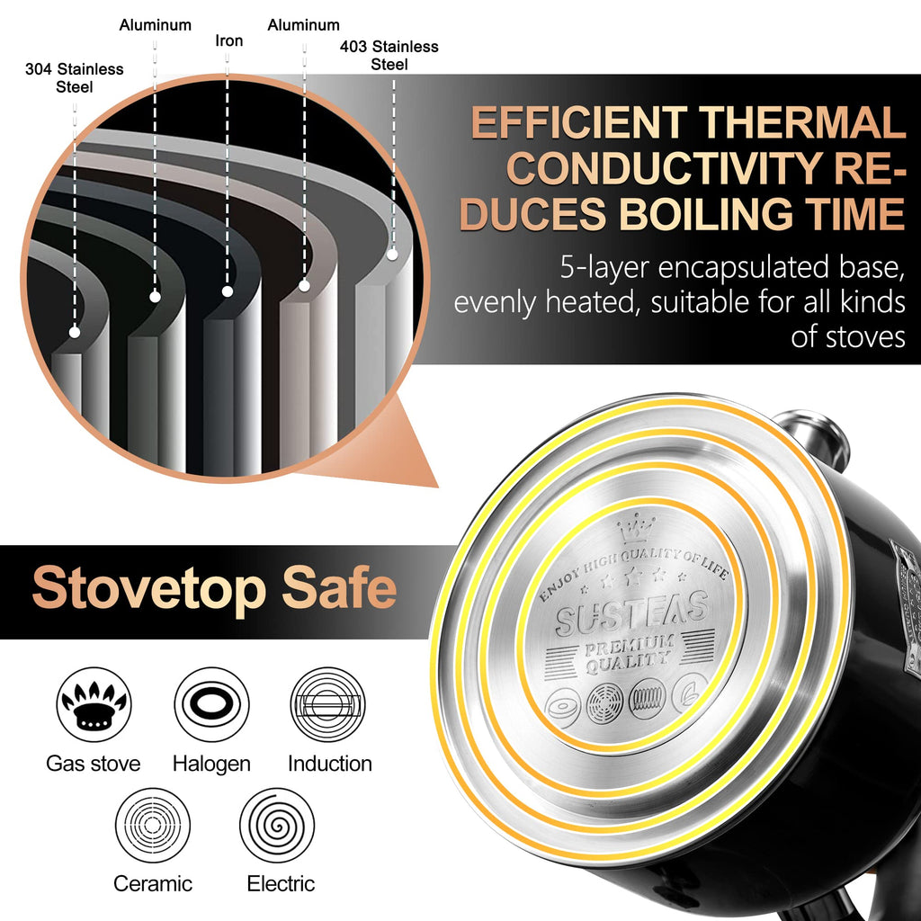Stovetop Whistling Tea Kettle Stainless Fast Heating Gas Induction Fast Heating 3.17QT