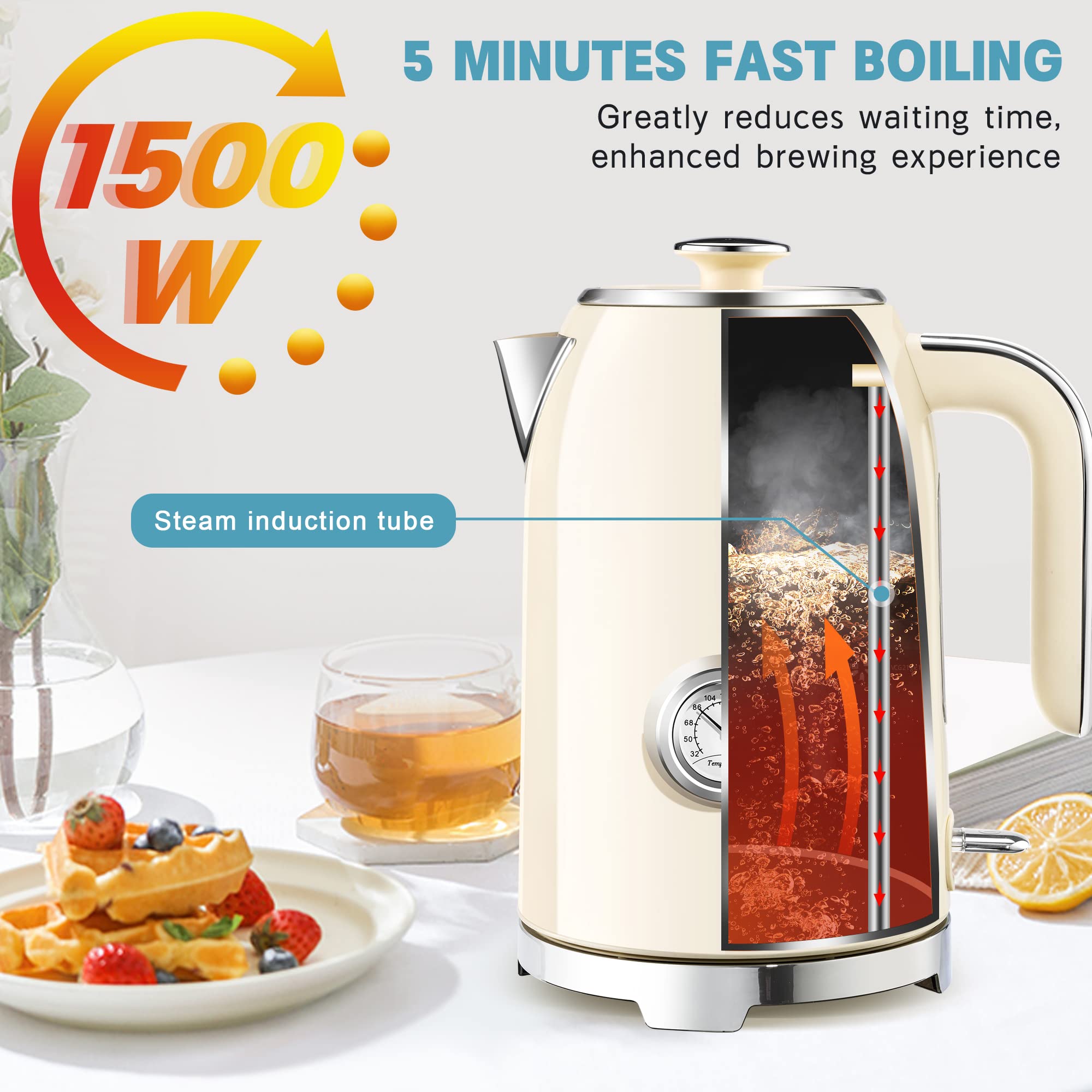 Electric Kettle Fast Boiling 1.7L Stainless Steel Auto Shut Off for Home KE1309BT